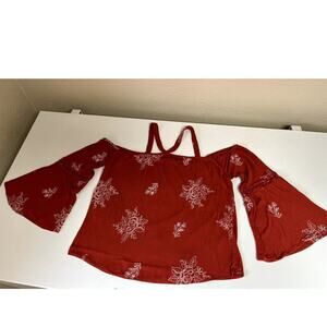 Blushing Heart, rust open shoulder, bell sleeve halter top, women's size M